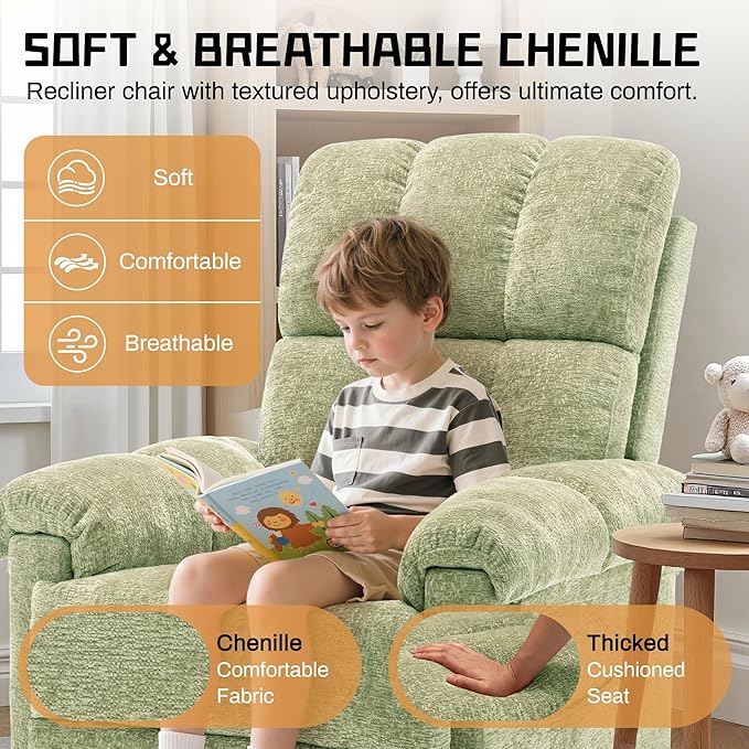 Recliner Chair, Swivel Rocker Recliner Chair for Adults, Small Recliners for Small Spaces, Upholstered Manual Recliner with Side Pockets, Nursery Rocking Chair for Living Room, Chenille, Green