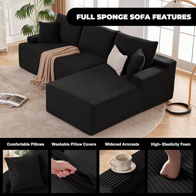 Cloud Sectional Sofa, Boneless Couch for Living Room, Modular Sectional Sofa with Deep Seat, Fluffy L-Shaped Comfy Couch with Right-Facing Chaise, No Assembly Required, Black