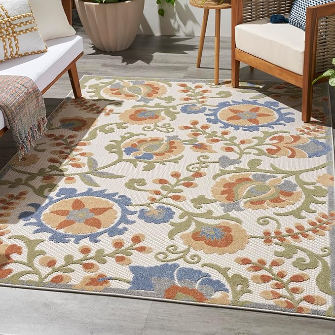 Nourison Home Aloha Ivory Blue 6' x 9' Area Rug - Easy Clean, Non Shedding, Bed Room, Living Room, Dining Room, Kitchen (6' x 9')