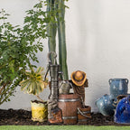 Alpine Corporation Outdoor Vintage Pump and Barrel with Cowboy Hat Fountain Yard Art Decor, 26" Tall, Brown