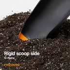 Fiskars Planting Soil Scoop & Brush Set, Dual-Sided Tool for Indoor Digging & Cleanup, Narrow Rigid End & Flexible Dustpan for Potting, Soft Bristles Sweep Debris, Recycled Plastic