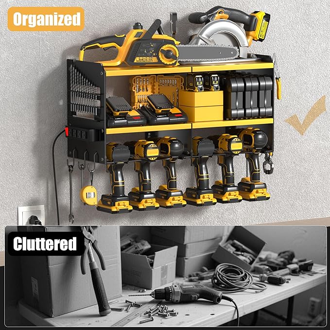 Large Power Tool Organizer Wall Mount with Charging Station, 3 Layer Heavy Duty Metal Tool Storage Rack Loads 420lbs with 6 Cordless Drill Holder, Utility Rack Loads with 4 Power Strip