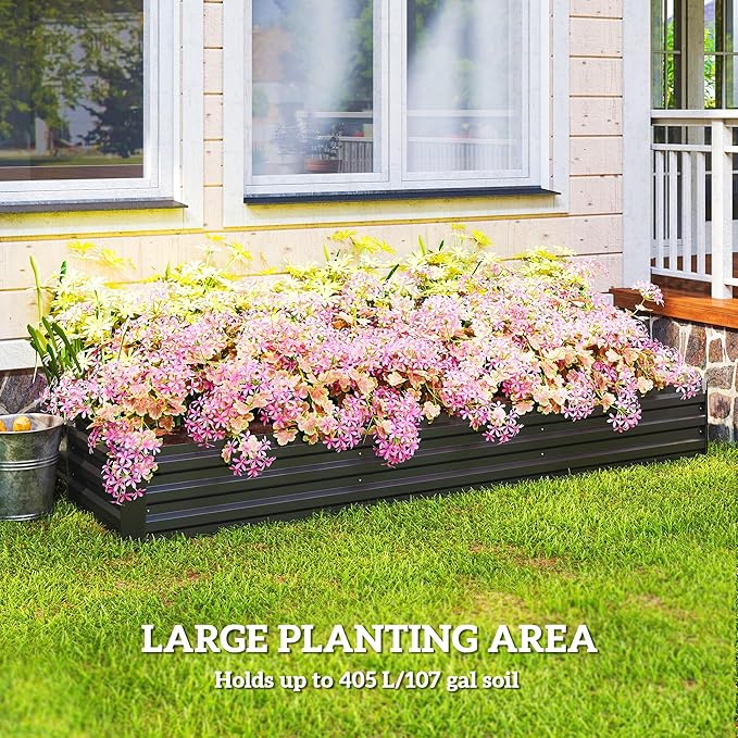 Outsunny 8 x 2 x 1ft Galvanized Raised Garden Bed Kit, Outdoor Metal Elevated Planter Box with Safety Edging, Large Raised Bed for Growing Flowers, Herbs and Vegetables, Dark Gray