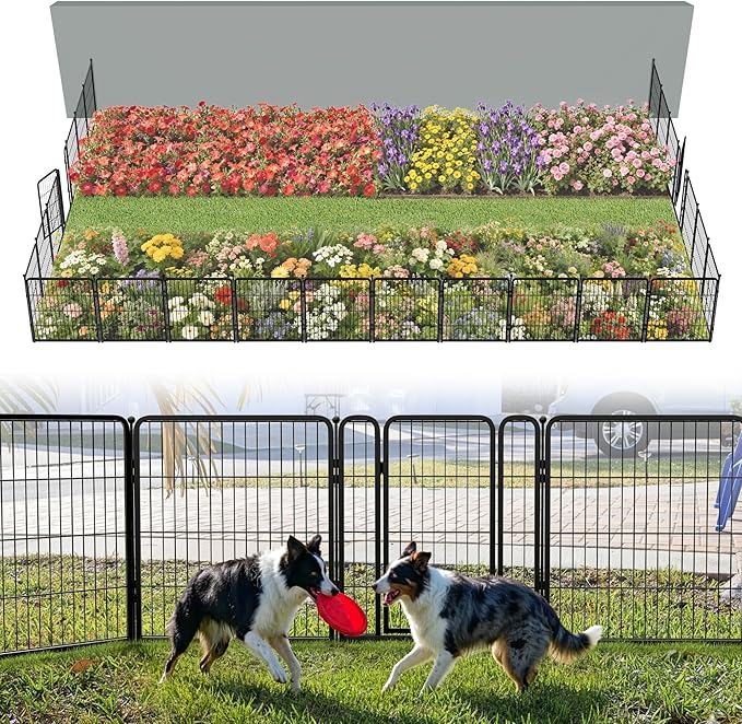 FXW Garden Fence Outdoor for The Yard – 32in(H) x 54.7ft(L) Heavy Duty Metal Animal Barrier for Dog and Rabbit, Decorative Dog Fence, 24 Panels, Black