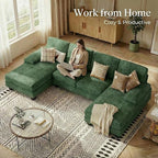 Homall Sectional U Shaped Sofa Couches for Living Room, Comfy Chenille 4 Seat Sofa Set with Removable Pillows, Lounge Chaise Upholstered Couch for for Apartment (Chenille, Green)