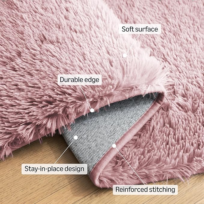 Amazon Basics Fluffy Washable Area Rug, Bedside Shaggy Carpet for Door Entryway, Living Room and Bedroom, 2' W × 3' L, Pink
