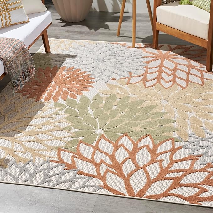 Nourison Home Aloha Indoor/Outdoor Ivory Multicolor 6' x 9' Area Rug, Easy Cleaning, Non Shedding, Bed Room, Living Room, Dining Room, Backyard, Deck, Patio (6x9)