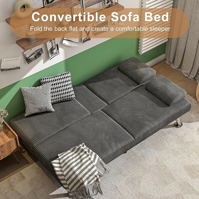 Shahoo Modern Upholstered Convertible Folding Futon Sofa Bed with Removable Armrests, Metal Legs, 2 Cup Holders for Living Room, Grey