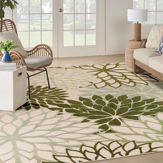 Nourison Home Aloha Indoor/Outdoor Ivory Green 12' x 15' Area Rug, Easy Cleaning, Non-Shedding, Bed Room, Living Room, Dining Room, Backyard, Patio, Deck (12x15)