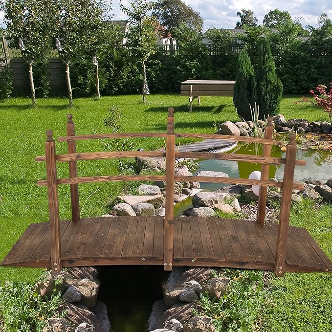 VINGLI 7.5 ft Garden Bridge, Arch Walkway Wooden Bridge with Safety Rails Stained Finished, Decorative Landscaping Footbridge for Koi Pond, Dry Creek Bed, Garden Pathway or Rustic Wedding Decor