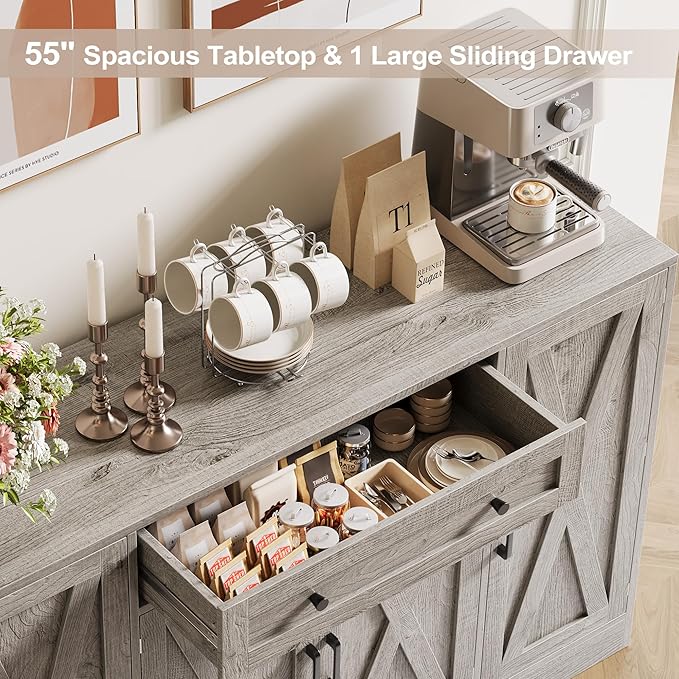 Buffet Cabinet with Storage, 55" Large Sideboard Storage Cabinet with Drawer, 4 Doors and Shelves, Modern Farmhouse Coffee Bar Table Kitchen Island Credenza for Kitchen, Entryway, Dining, Living Room
