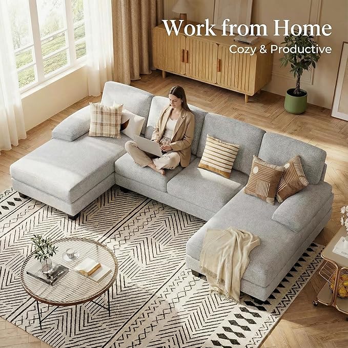 Homall Modular Sectional U Shaped Sofa Couches for Living Room, Comfy Linen Fabric 4 Seat Sofa Set with Removable Pillows, Lounge Chaise Upholstered Couch for for Apartment (Loop Yarn, Pearl Gray)