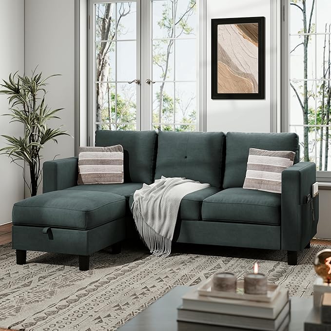 JAMFLY Convertible L-Shaped Sectional Sofa with Reversible Storage Ottoman, 3-Seat Modern Fabric Couch for Living Room, Small Space Apartment Sofa with Side Pockets & Firm Cushions, Grey Linen