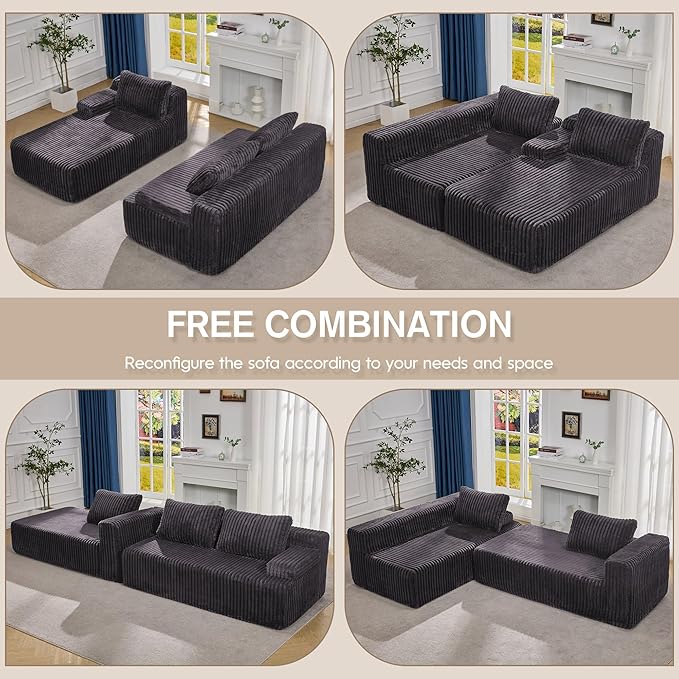 Modular Sectional Sofa Couches L-Shape Couch 3 Seat Modular Sofa Memory Foam Sectional Couches for Living Room, Cloud Couch with Oversized Chaise (Grey Stripe, 108" Left Facing Chaise)