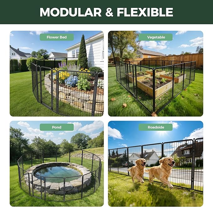 FXW Garden Fence Outdoor for The Yard – 40in(H) x 36.4ft(L) Heavy Duty Metal Animal Barrier for Dog and Rabbit, Decorative Dog Fence, 16 Panels, Black