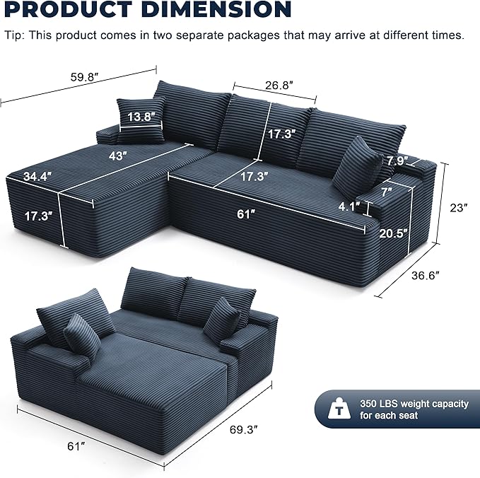 Cloud Sectional Couch, Boneless Sofa for Living Room, Modular Sectional Sofa with Deep Seat, Fluffy Comfy Couch with L-Shaped Chaise, No Assembly Required, Navy Blue