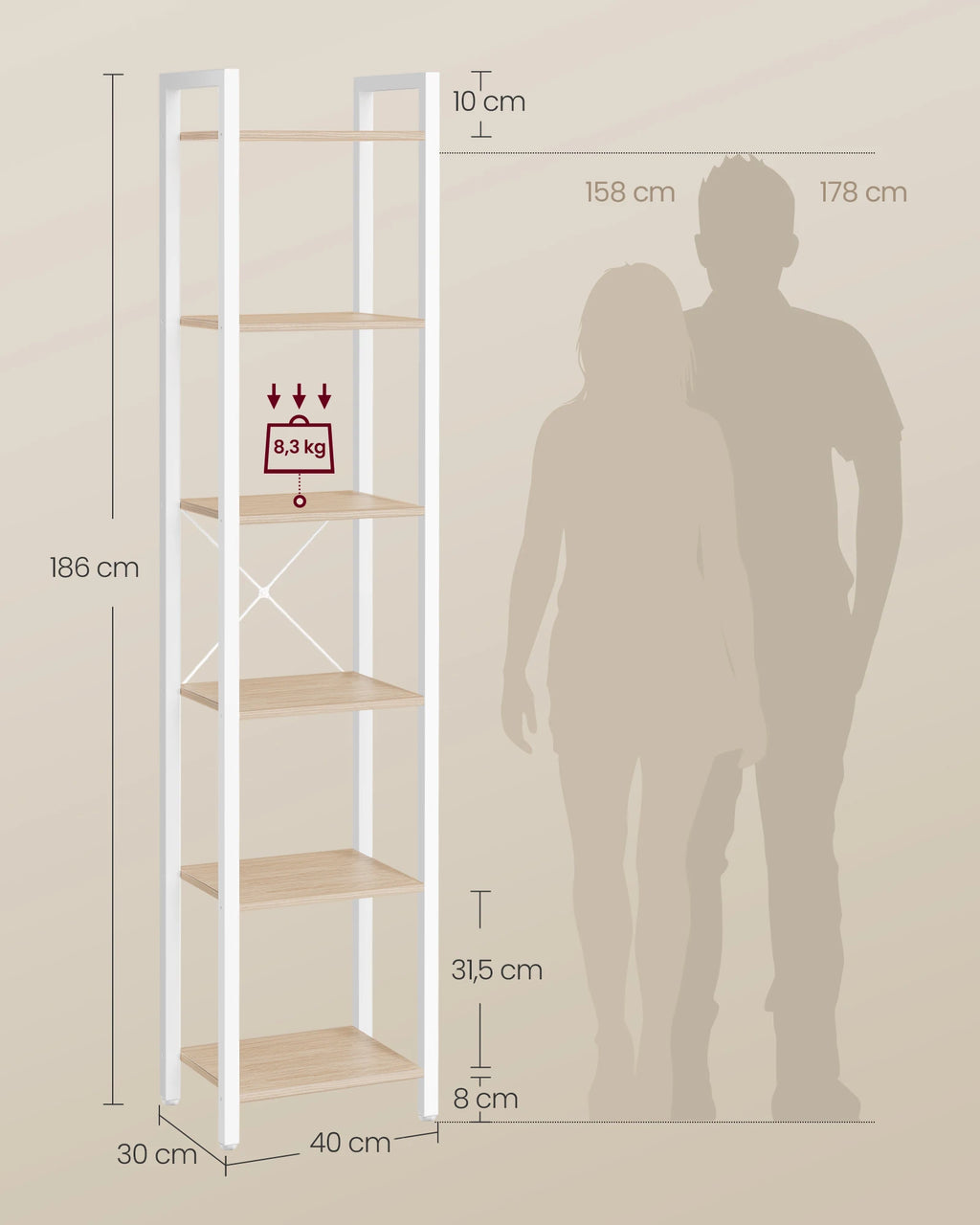 VASAGLE 6-Tier Bookshelf, Bookcase, Shelving Unit, for Office, Study, Living Room, Bedroom, 30 x 40 x 187.5 cm, Industrial
