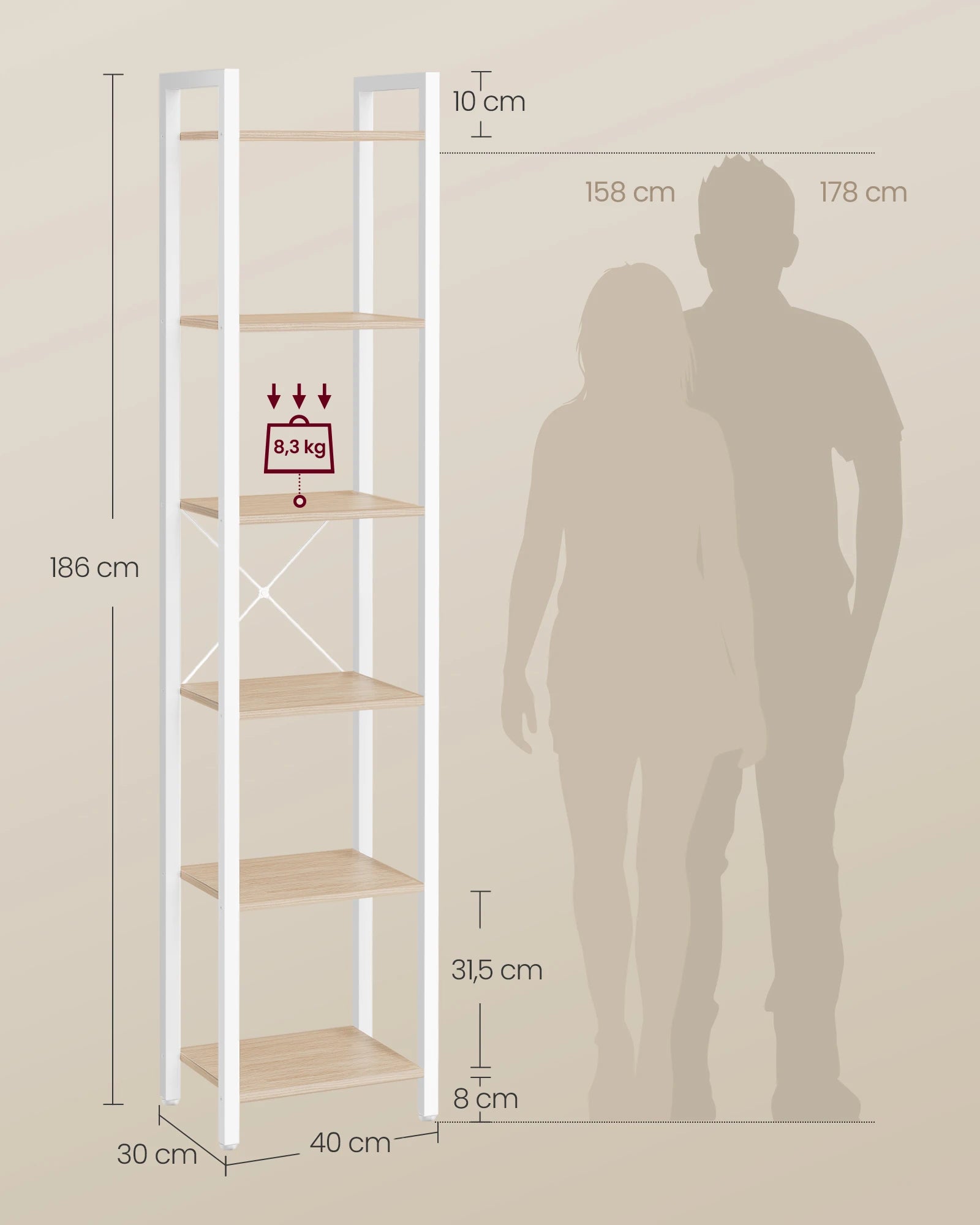 VASAGLE 6-Tier Bookshelf, Bookcase, Shelving Unit, for Office, Study, Living Room, Bedroom, 30 x 40 x 187.5 cm, Industrial