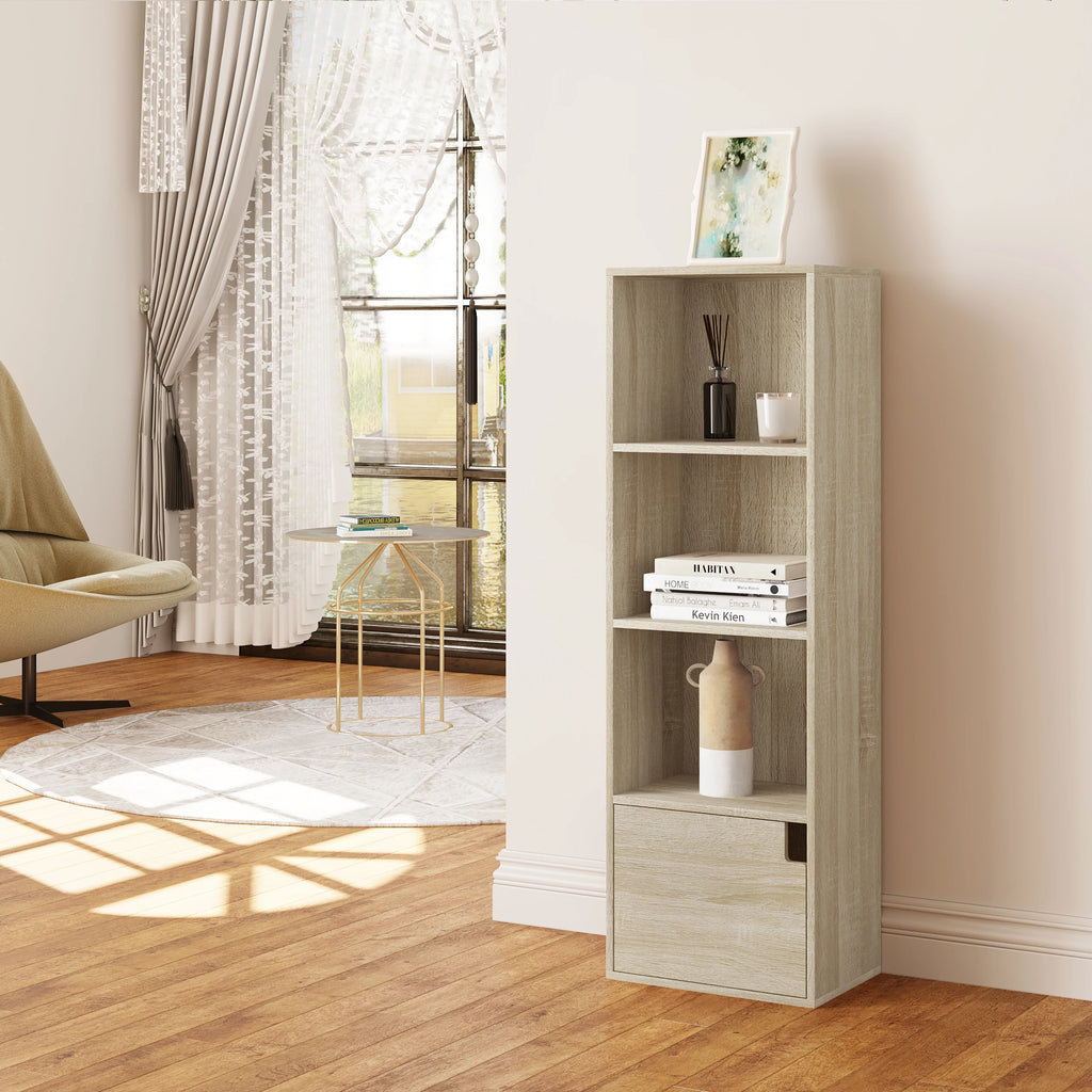 Bookcase with 4 Compartments 1 Door Standing Cube Storage Bookshelf for Living Room Bedroom Office Household