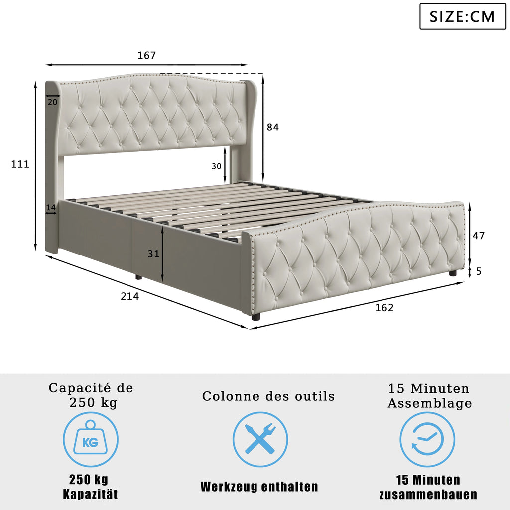 160x200cm Upholstered Double Bed, Hydraulic Bed with Backrest Headboard and Slatted Frame, with Storage Space, Velvet, Beige