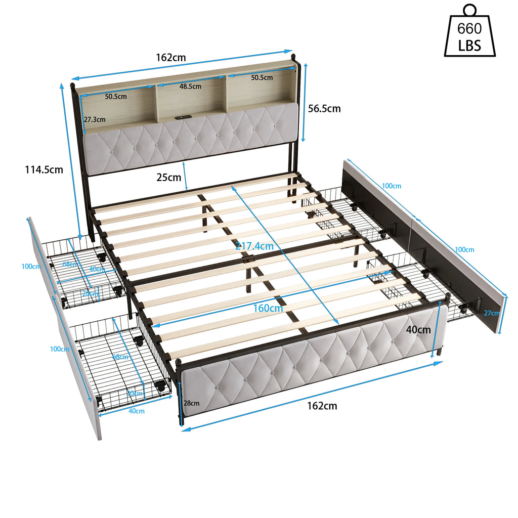 Upholstered bed frame, full/queen/King, double bed with four drawers, headboard with storage compartment, without mattress