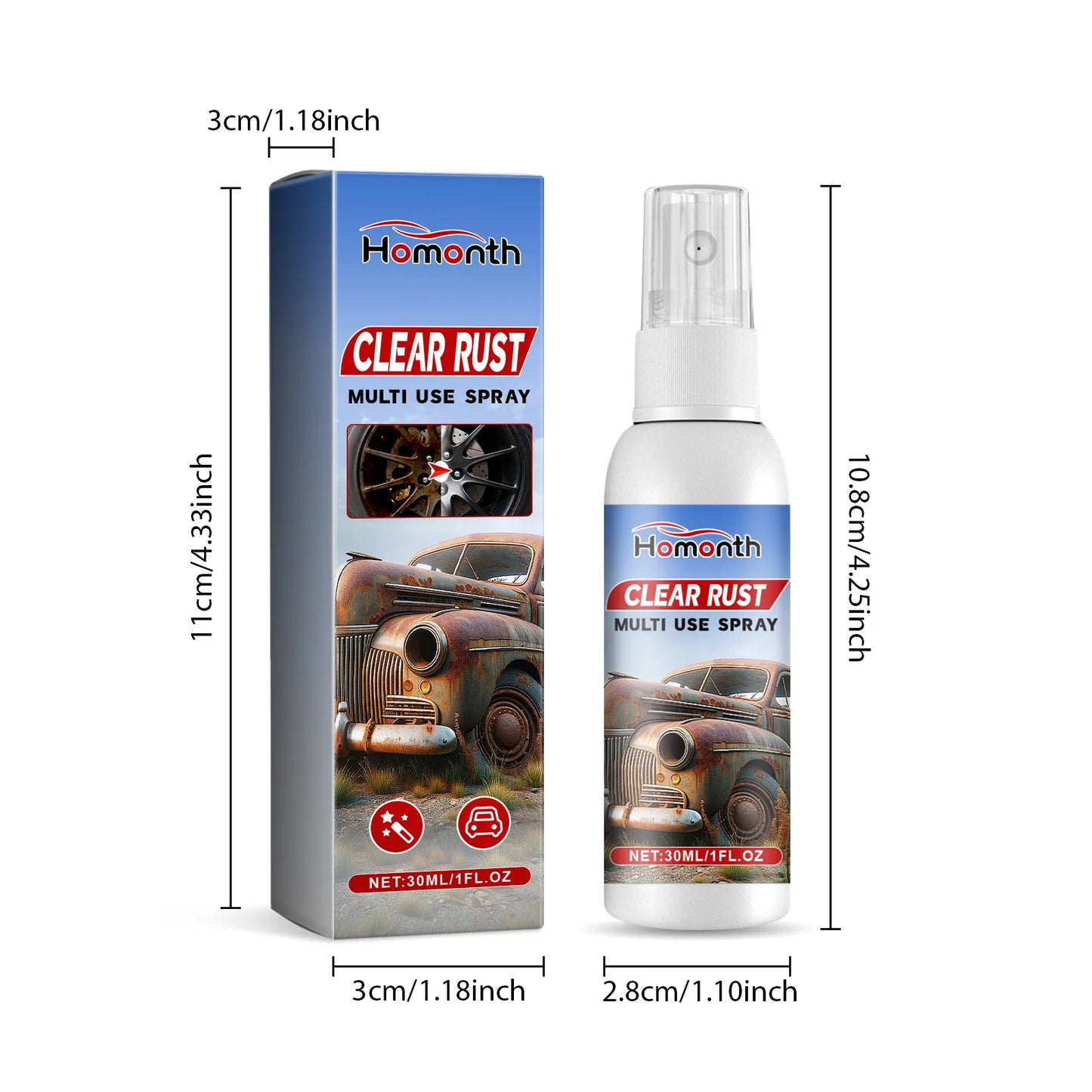 Homonth 30ml Car Care Derusting Spray Rust Remover Car Maintenance Cleaning Metal Anti-Rust Paint Reformer Rust Prevention Spray