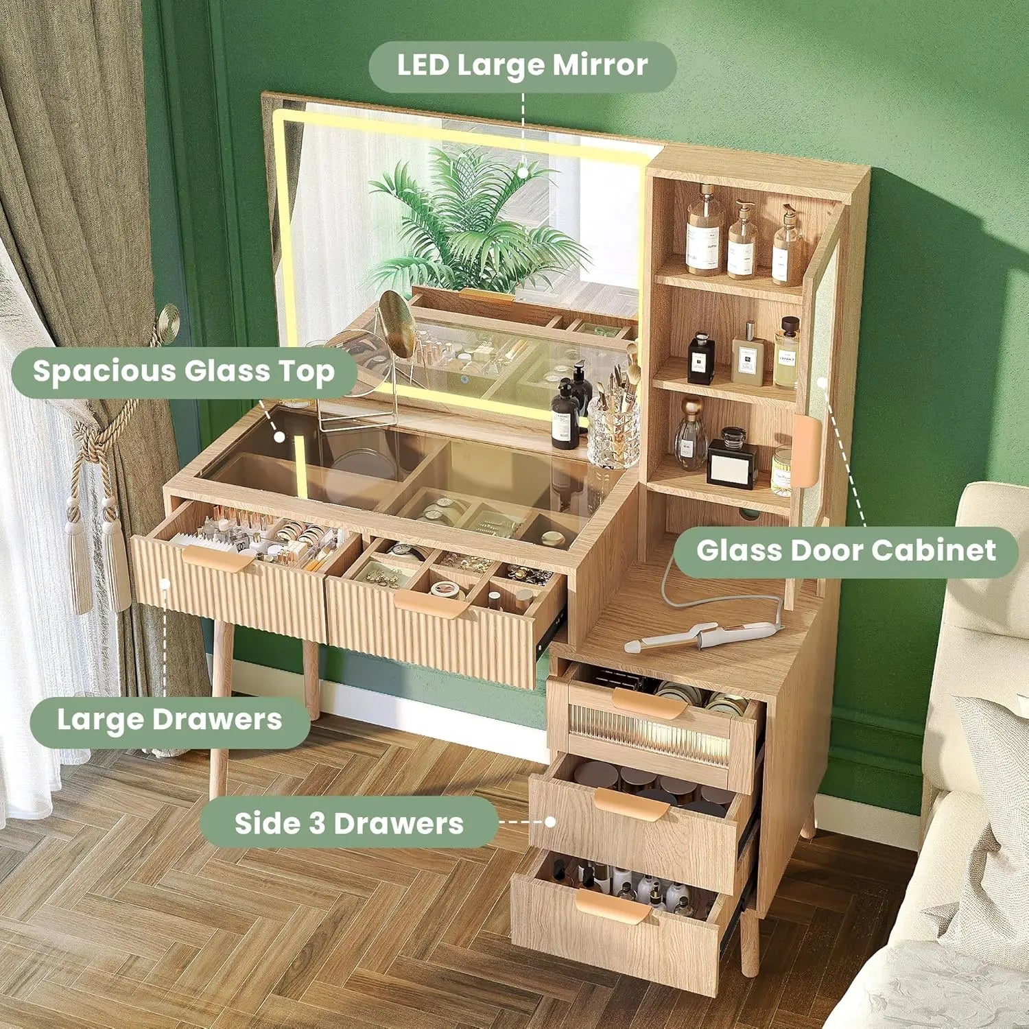 Fluted Makeup Vanity Desk with Mirror and Lights, 5 Drawers Glass Top Makeup Vanity with 4 Storage and 9-Grid Organizer, 3 Color