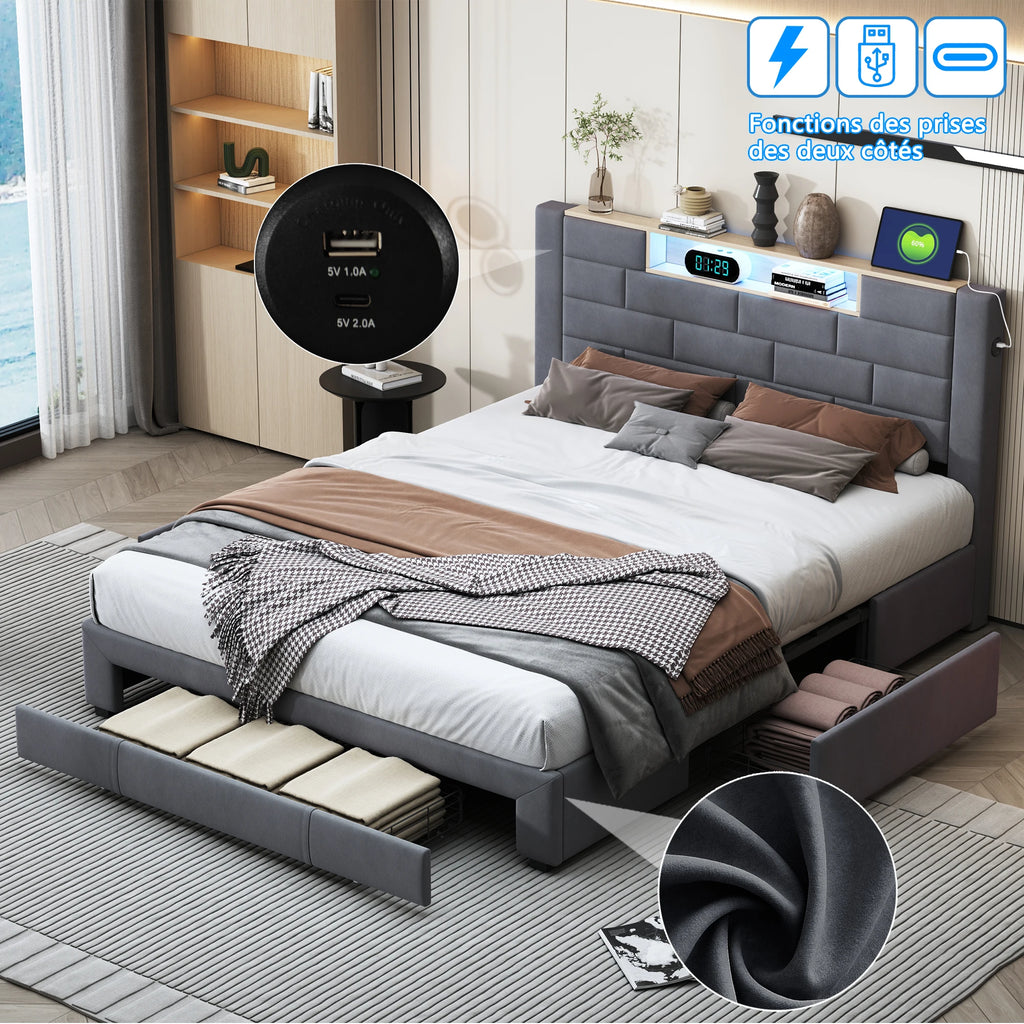 Upholstery bed 140x200cm with air lever storage headboard with storage and charging velvet bed with drawers double bed