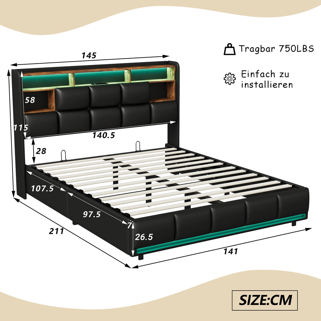Wooden Aura Double bed, upholstery bed 140x200 cm, 160x200 cm, LED bed frame, bed frame and slatted frame, headboard, youth bed