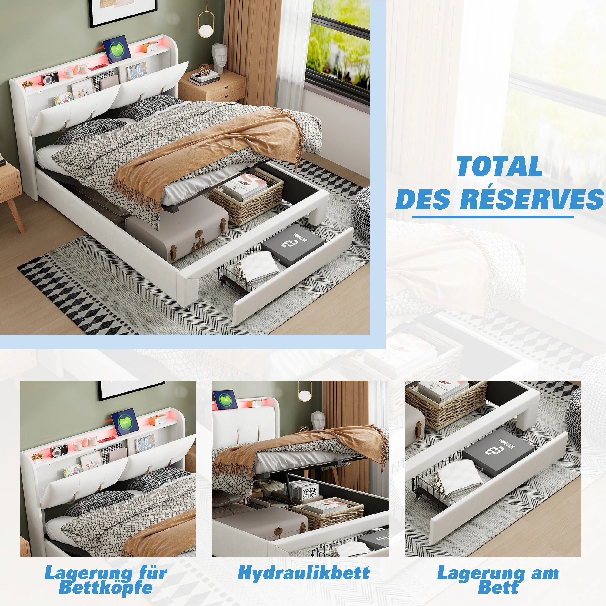 Wooden Aura 160*200cm Double Bed storage Bed with USB Charging and LED Lighting Linen model Grey No Mattress