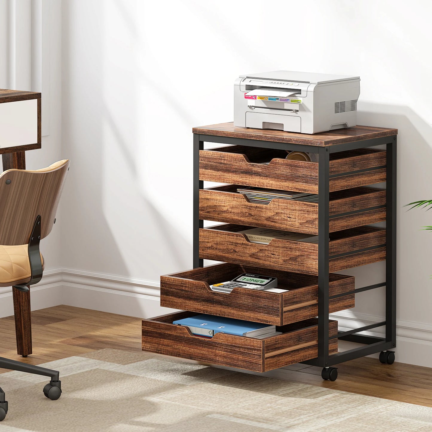 Tribesigns 5-Drawer File Cabinet, Wood Mobile Storage Drawer Unit, Industrial Office Cabinet with Drawers & Wheels