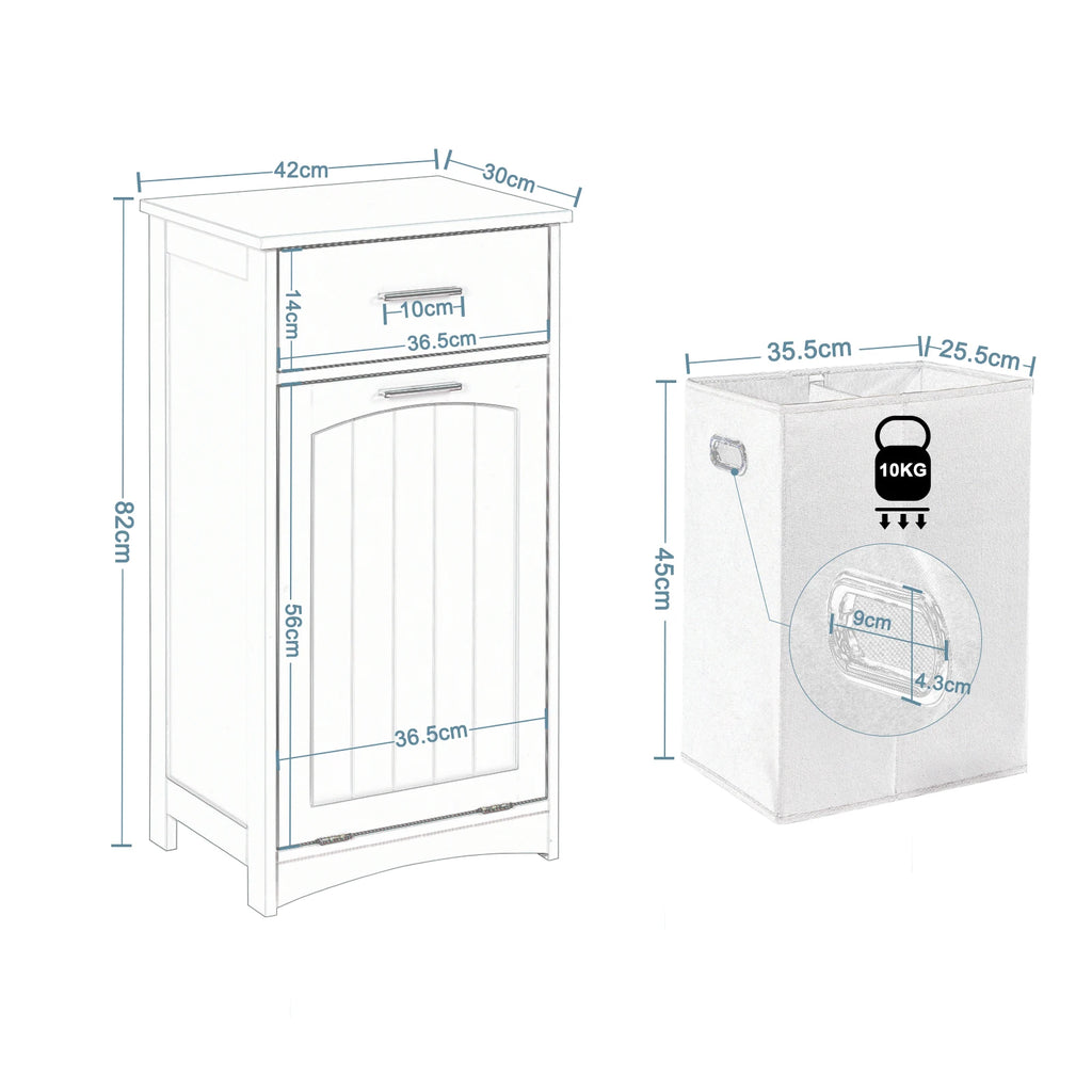 White Bathroom Cabinet with Fold-out Laundry Basket 42x82x30cm Slim Clothes Cupboard  Sundries Toilet Storage Racks