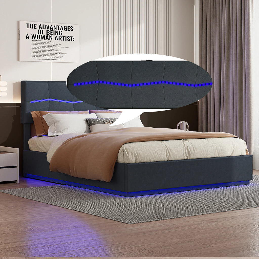Wooden Aura 140/160/180x200cm Upholstered bed Double Bed Hydraulic Functional bed PU Height Adjustable Headboard
