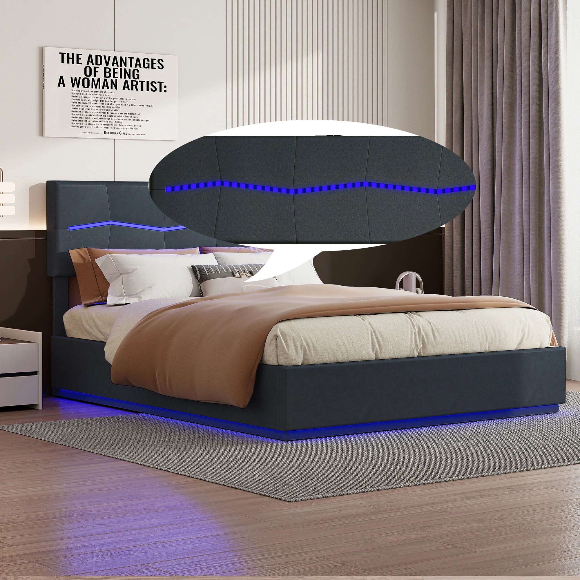 Wooden Aura 140/160/180x200cm Upholstered bed Double Bed Hydraulic Functional bed PU Height Adjustable Headboard