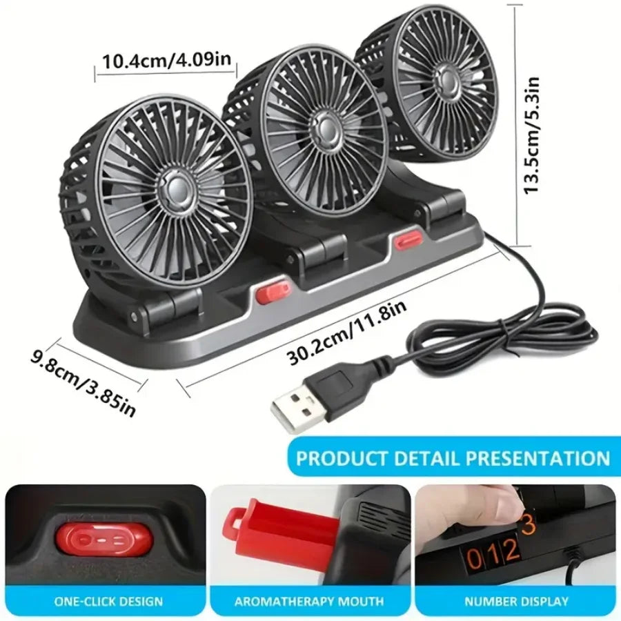 USB 5V Car Triple Header Fan Multi Angle Adjustable, No Obstructed Vie