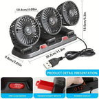 USB 5V Car Triple Header Fan Multi Angle Adjustable, No Obstructed Vie