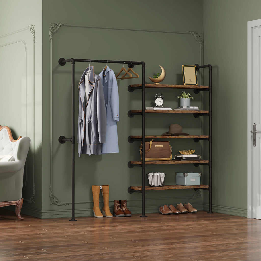 WOLTU Wardrobe Vintage Industrial Coat Rack Clothes Rack Steel Tubing MDF Wall Mounted Clothing Store Display Storage Shelf