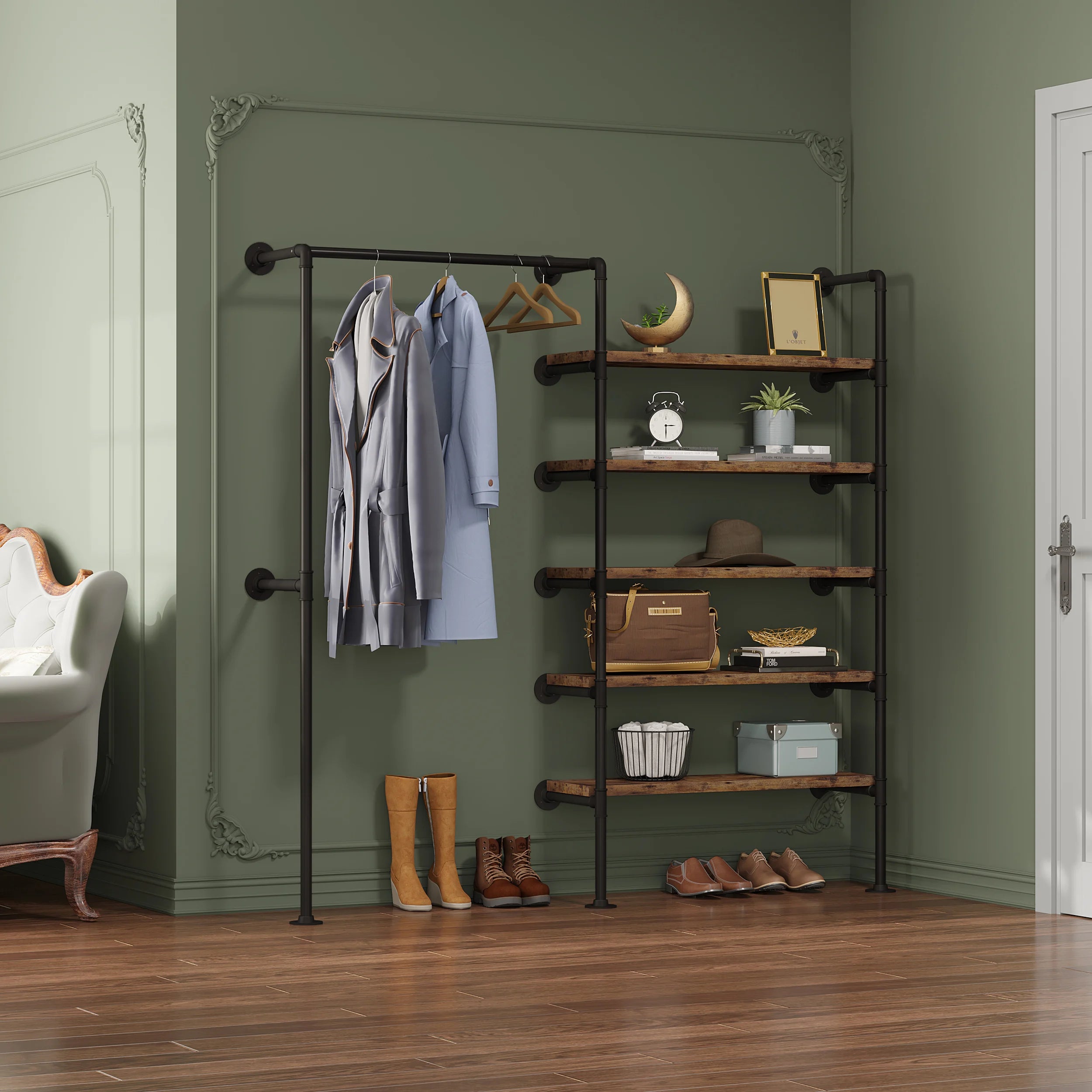 WOLTU Wardrobe Vintage Industrial Coat Rack Clothes Rack Steel Tubing MDF Wall Mounted Clothing Store Display Storage Shelf