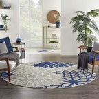 Nourison Home Aloha Ivory Navy 7'10" x Round Area Rug - Easy Clean, Non Shedding, Bed Room, Living Room, Dining Room, Kitchen (8' x Round)