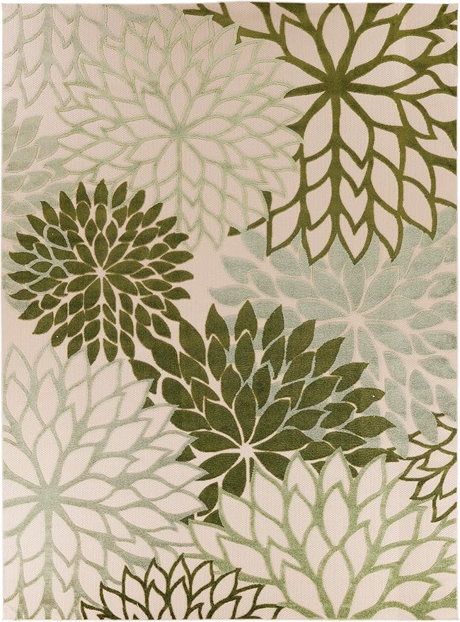 Nourison Home Aloha Indoor-Outdoor Ivory Green 10' x 14' Area Rug, Easy Cleaning, Non Shedding, Bed Room, Living Room, Dining Room, Backyard, Patio, Deck (10x14)