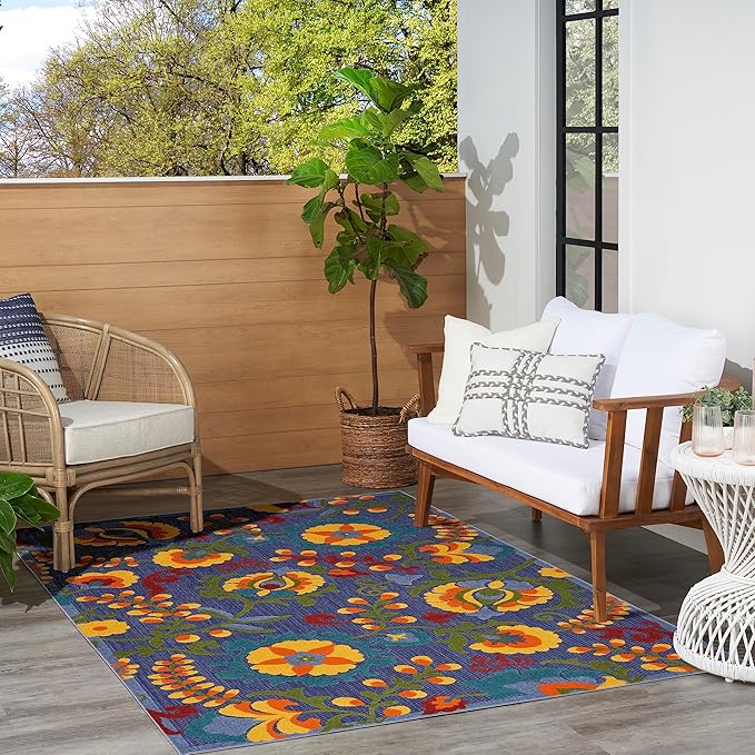 Nourison Home Aloha Navy Multicolor 5'3" x 7'5" Area Rug - Easy Clean, Non Shedding, Bed Room, Living Room, Dining Room, Kitchen (5' x 8')
