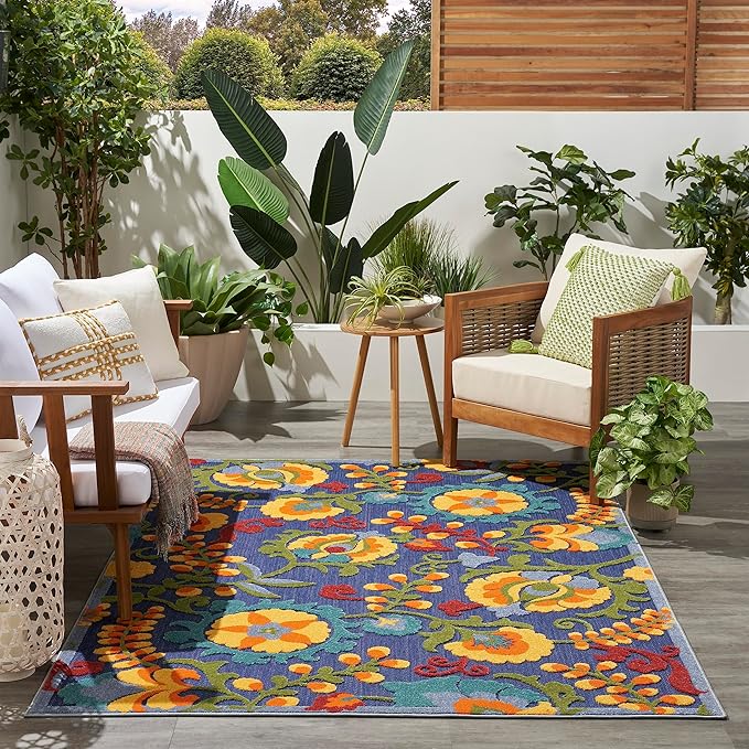 Nourison Home Aloha Navy Multicolor 5'3" x 7'5" Area Rug - Easy Clean, Non Shedding, Bed Room, Living Room, Dining Room, Kitchen (5' x 8')
