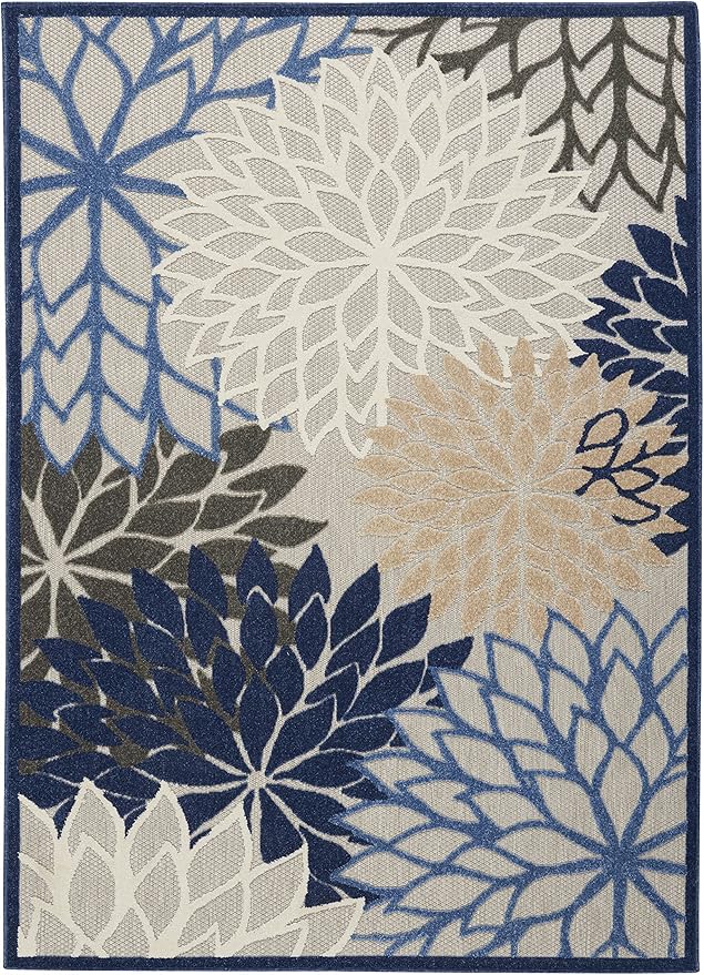 Nourison Home Aloha Indoor/Outdoor Blue/Multicolor 3'6" x 5'6" Area Rug, Tropical, Botanical, Easy Cleaning, Non Shedding, Bed Room, Living Room, Dining Room, Deck, Backyard, Patio (3x5)