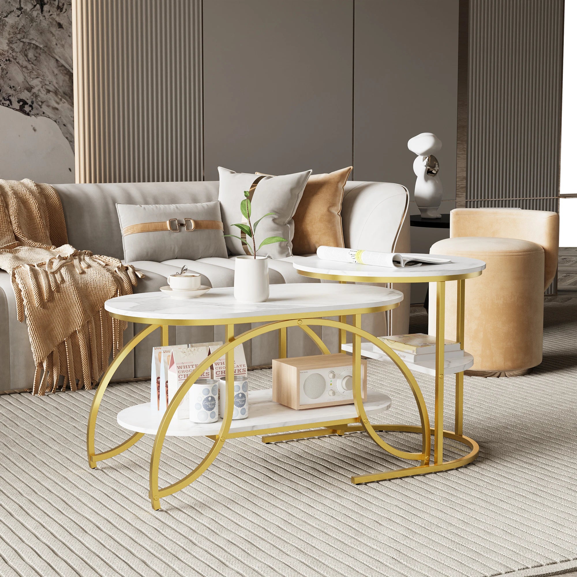 Anajqaqia Round Coffee Table set of 2, Modern Sofa Table, Side Table with Metal Frame, Marble Texture Design, for Living Room