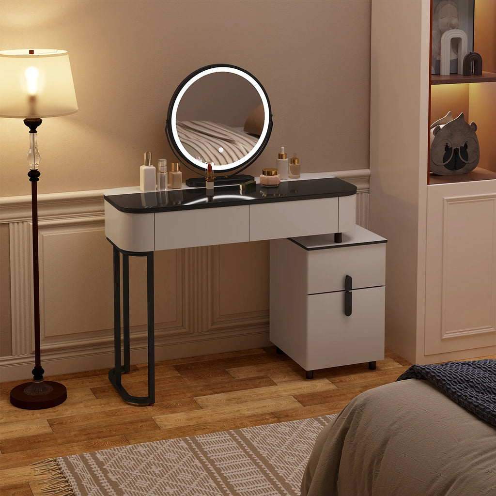 WOLTU 1Set Modern Dressing Table with LED Lighting 3 Colors Girls Women Vanity Cosmetic Table Drawers 1 Side Cabinet