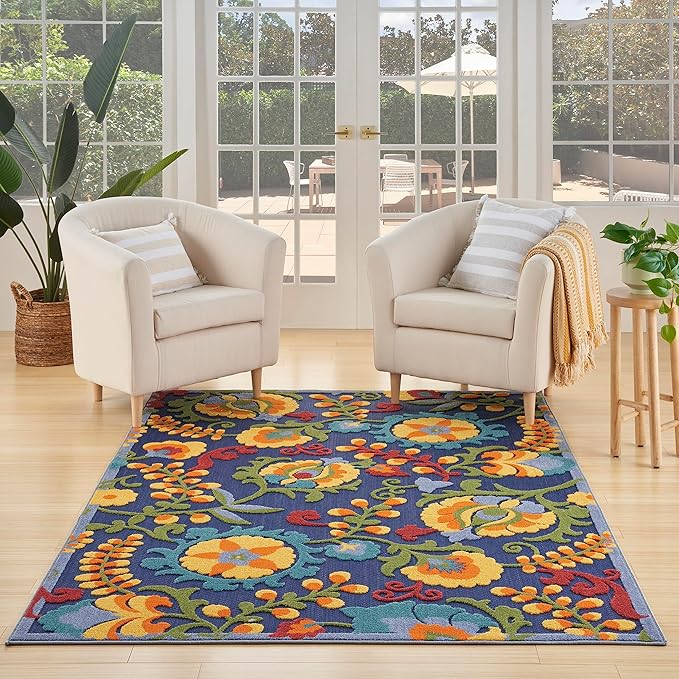Nourison Home Aloha Navy Multicolor 5'3" x 7'5" Area Rug - Easy Clean, Non Shedding, Bed Room, Living Room, Dining Room, Kitchen (5' x 8')