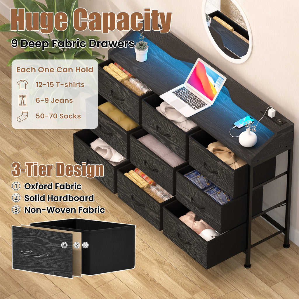 Dresser for Bedroom, 9 Drawers Dresser with LED Lights & Charging Station-Black