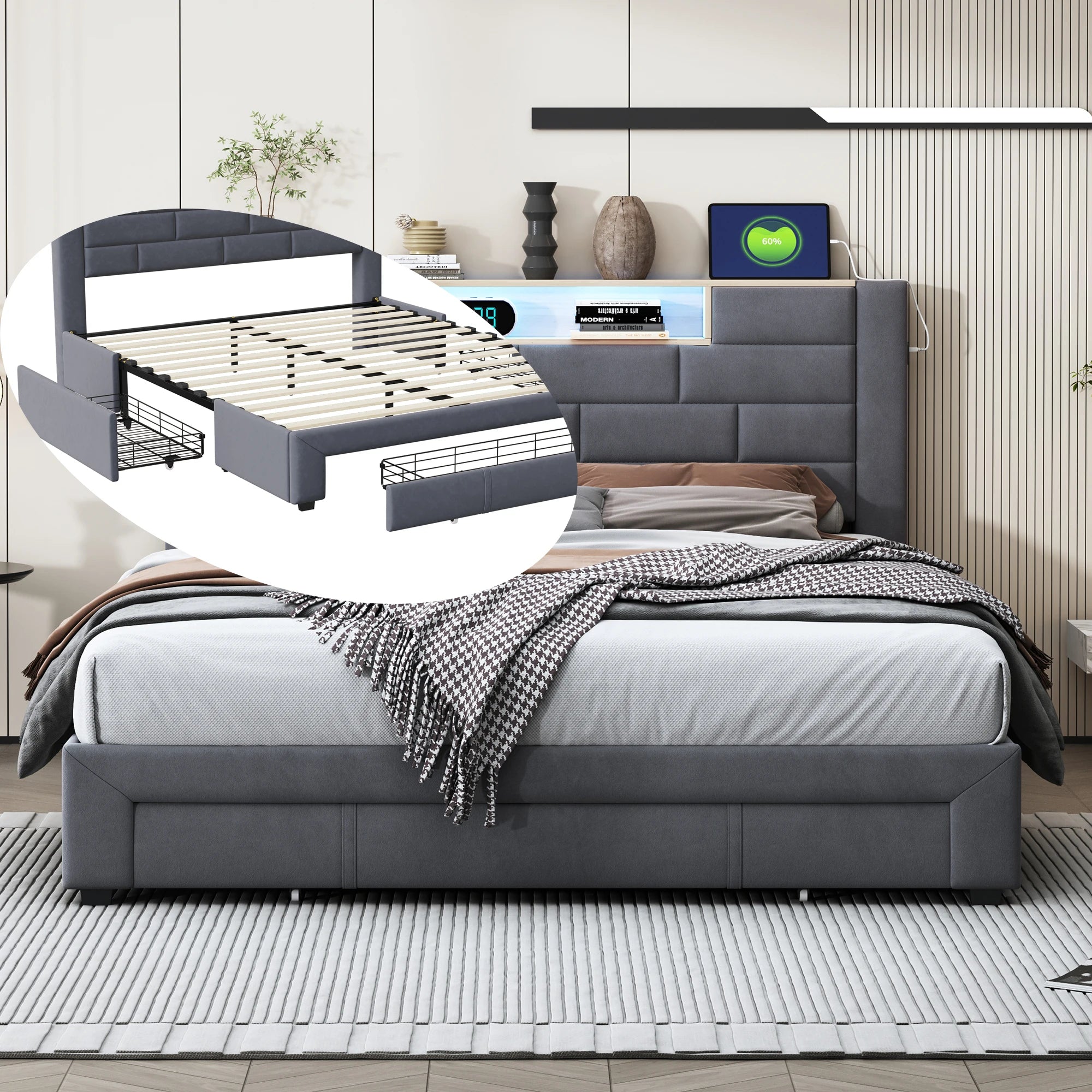 Upholstery bed 140x200cm with air lever storage headboard with storage and charging velvet bed with drawers double bed
