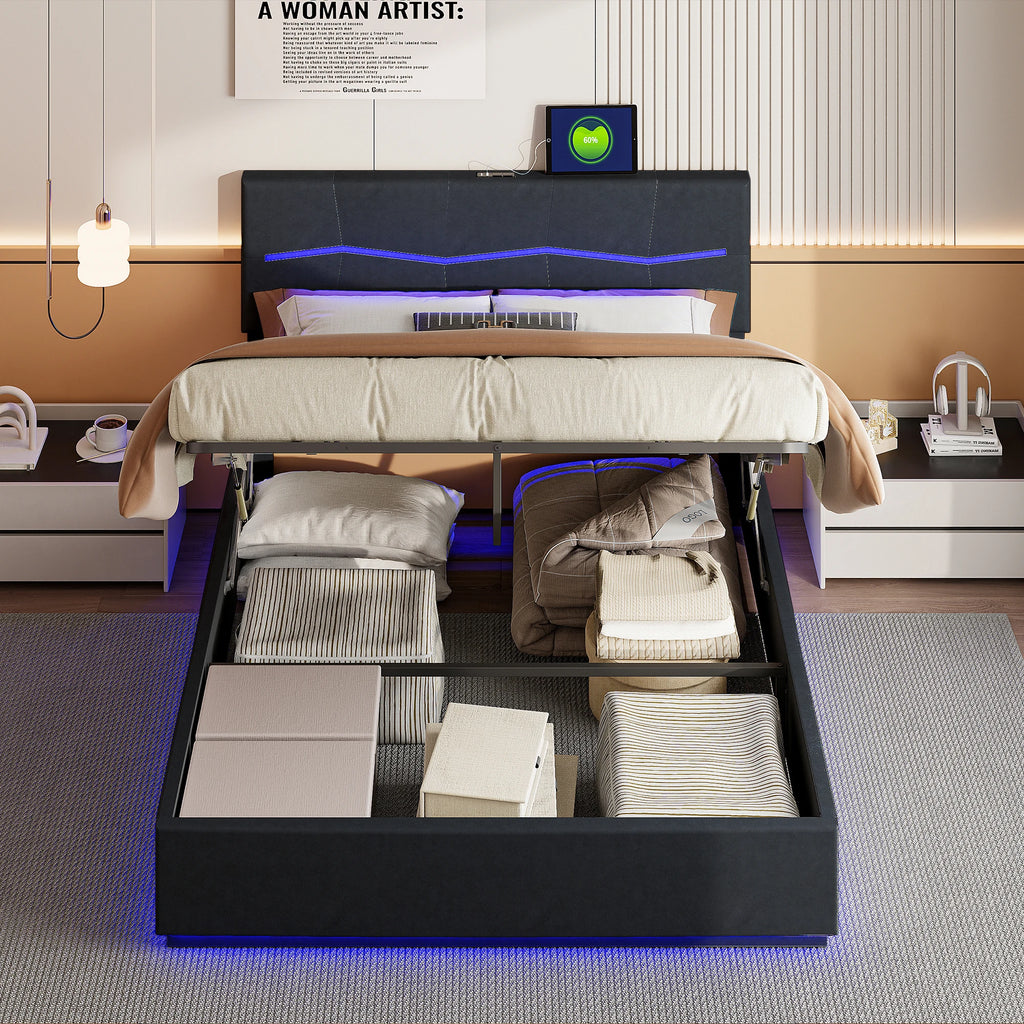 Wooden Aura 140/160/180x200cm Upholstered bed Double Bed Hydraulic Functional bed PU Height Adjustable Headboard