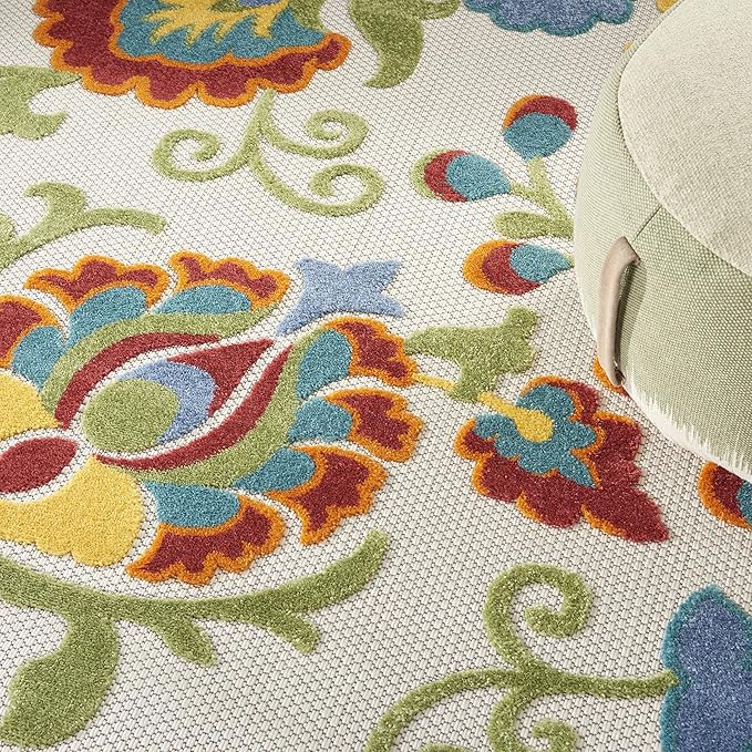 Nourison Home Aloha Ivory Multicolor 7'10" x Round Area Rug - Easy Clean, Non Shedding, Bed Room, Living Room, Dining Room, Kitchen (8' x Round)